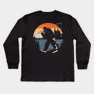 Bigfoot Fishing Sunset Kids Long Sleeve T-Shirt